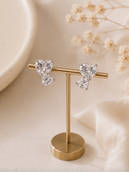 Jewelry - Silver Tone Double Heart CZ Stud Earrings | Romantic Sparkle